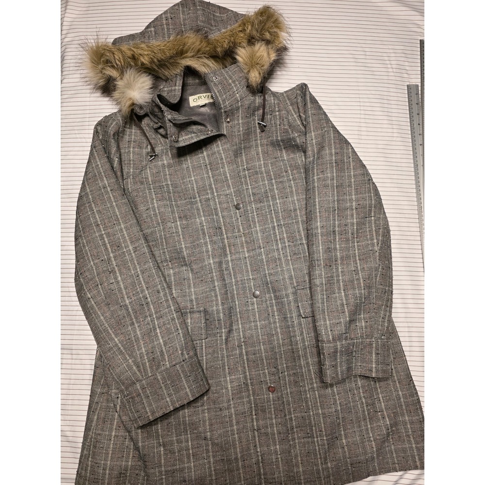 1172 Orvis Gray Herringbone Plaid Faux Fur Trim Hooded Parka Jacket Womens XL